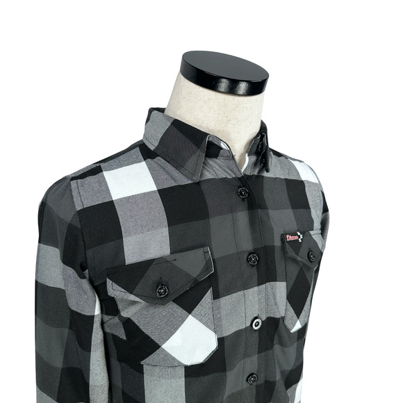 Dixxon Flannel Finish Line Shirt Women's Medium Black White Gray Plaid Button-Up - Picture 2 of 10
